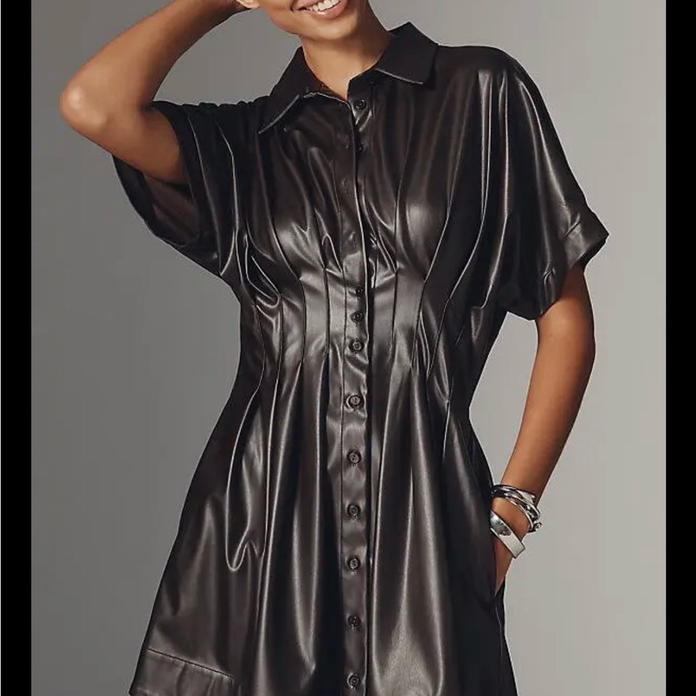 Anthropologie - The Tobie Faux Leather Mini Shirt Dress by Exquise